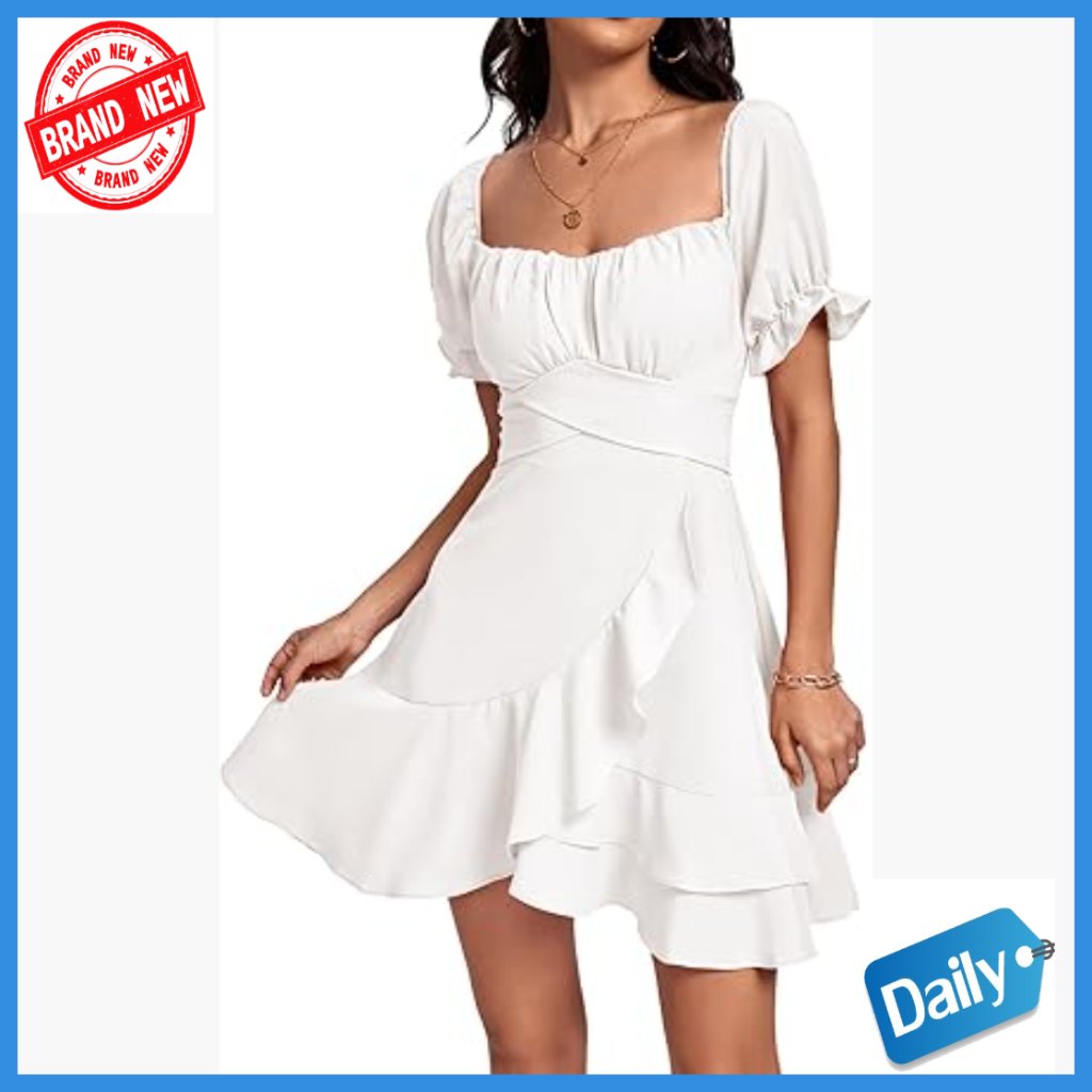 Square Neck Ruffle Wrap Mini Dress Off Shoulder Flounce Short Sleeve A-Line